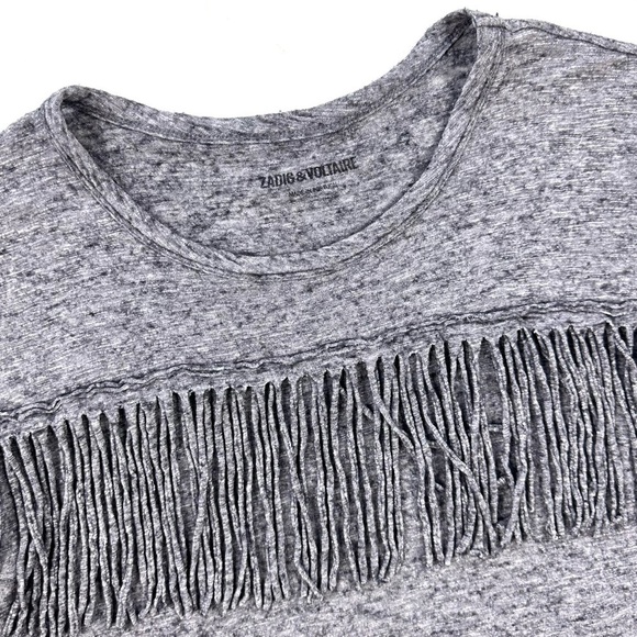 Zadig & Voltaire Satcha Fringes Western gray short-sleeve top t-shirt wool small - Picture 10 of 16